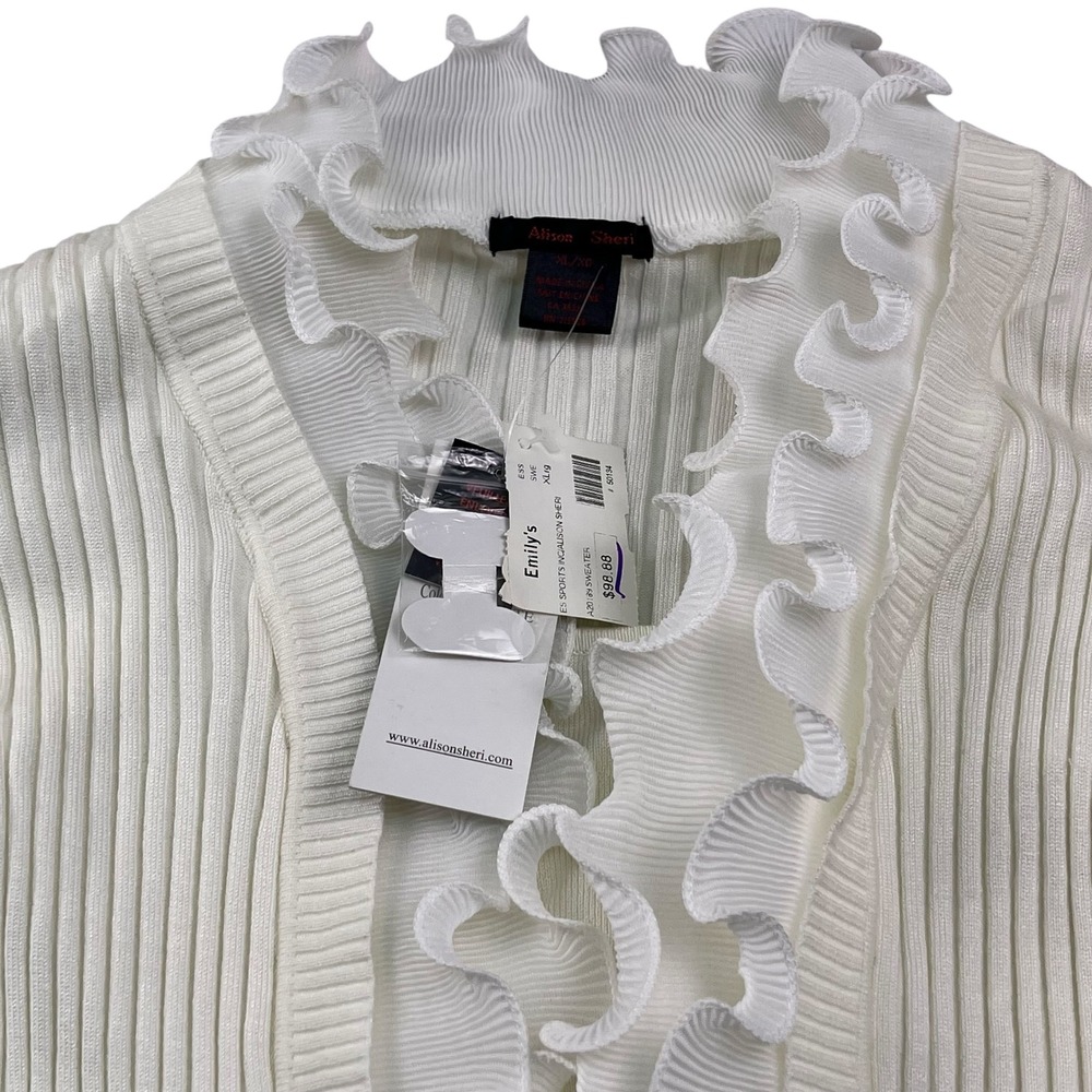 Alison Sheri Cream Ribbed Knit Ruffle Cardigan Sweater Women's XL Elegant‎ - Picture 2 of 10